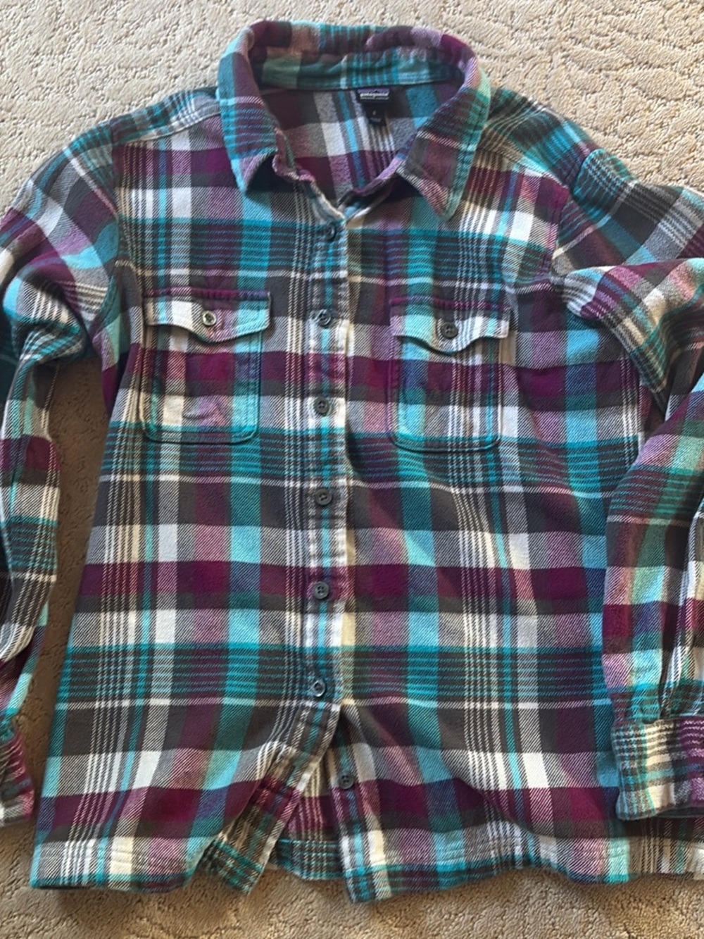 Patagonia Teal, Plum & Cream Plaid Button-Down Shirt
